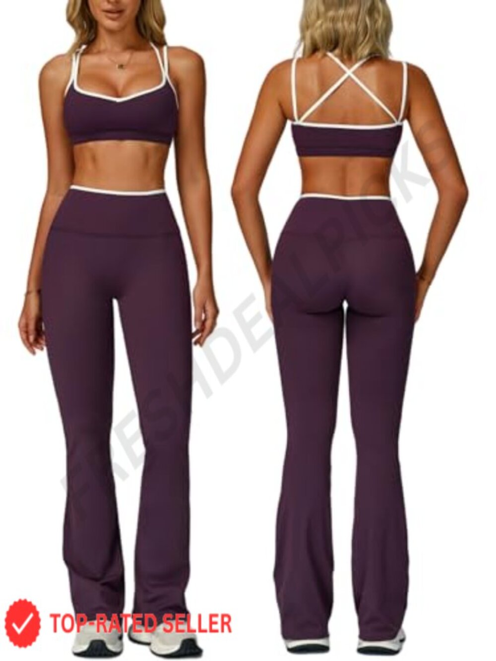 Two Piece Workout Set Strappy Sports Bra High Waist Flare Leggings Gym Yoga